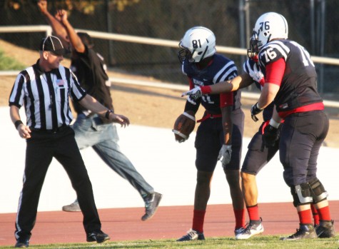 American River College wide receiver Malik Dumetz disputes the referee’s call that he was out-of-bounds during the final play of the Gridiron Classic Bowl against San Joaquin Delta College on Saturday, Nov. 21, 2015. ARC lost 24-17 in overtime. (Photo by Barbara Harvey)