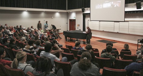 Dozens of students listen to Holocaust survivor Leon Malmed speak at a college hour in Music Room 547. Malmed was invited to speak by ARC President Thomas Greene. (Photo by John Ferrannini)