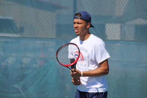 American River College's Kadyn Silva warms up before a doubles match against Santa Rosa Junior College on March 15, 2016 at ARC. Silva and his partner Alex Meliuk won the match 8-2. (Photo by Mack Ervin III)