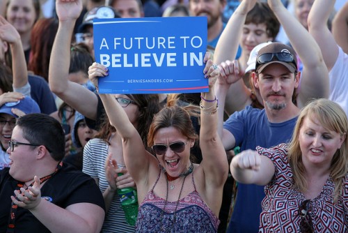 A member of the audience holds a sign that reads 'A Future To Believe In' during the Bernie Sanders rally at Bonney Field in Sacramento, California on May 9, 2016. (Photo by Kyle Elsasser)