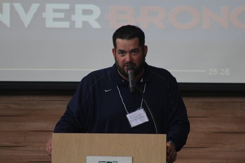 American River College football and Linemen Win Games (LWG) president Jon Osterhout speaking during an intermission at the LWG coaches clinic on May 21, 2016 at ARC. LWG was founded and run by Osterhout in order to bring more exposure to linemen in football. (Photo by Mack Ervin III)
