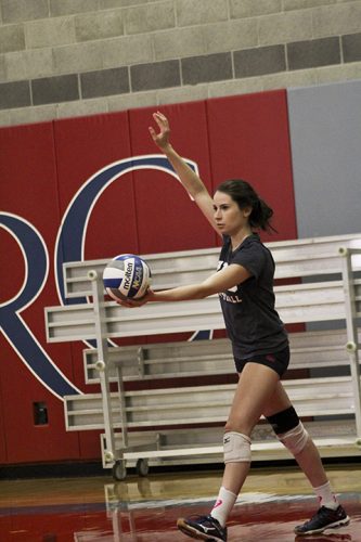 American River College’s Emily Dzubak prepares to serve a ball during a women’s volleyball practice on Aug. 25, 2016 at ARC. Dzubak was awarded all-conference honors during the 2015 season. (Photo by Mack Ervin III)