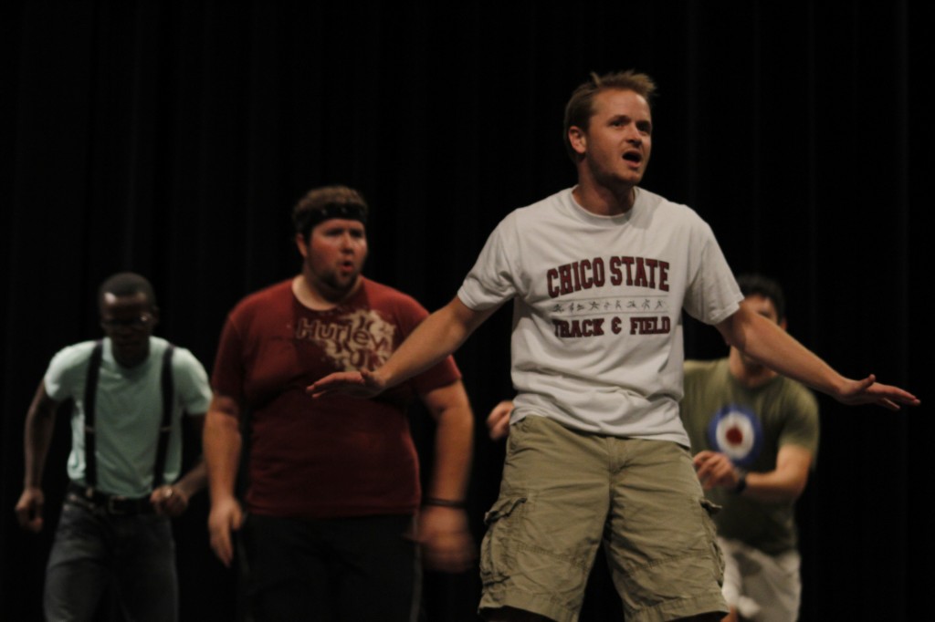 From left to right: Omba Kipuke, Owen Smith, James Shimp and John Farnsworth rehearse for the upcoming play Full Monty. (Photo by Andrew Vasquez)