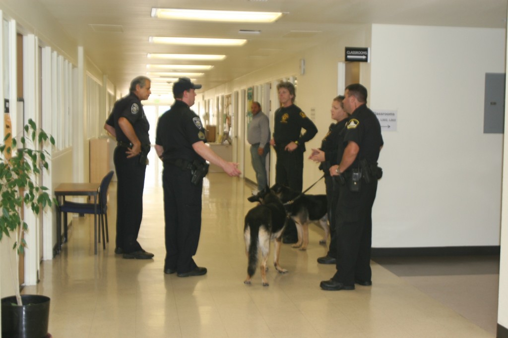 Members of Sacramento County Sheriff and campus police check bomb threat Oct. 6, 2011. (Photo by Corina Snyder)