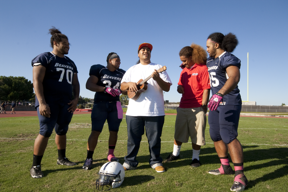 Frank and the Tanks from left to right, Jake Sullivan, Justin Lata, Frank Toele, Sefa Fatu and Samson Failfili sing a melody on the field at Beaver Stadium on Saturday, Oct. 8. (Photo by Bryce Fraser)