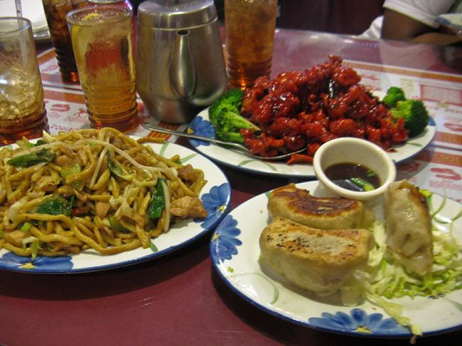 Chicken chow mein. orange chicken, and chicken pot stickers at the Pearl House Restaurant in Citrus Heights. (Photo by Stephanie Lee)