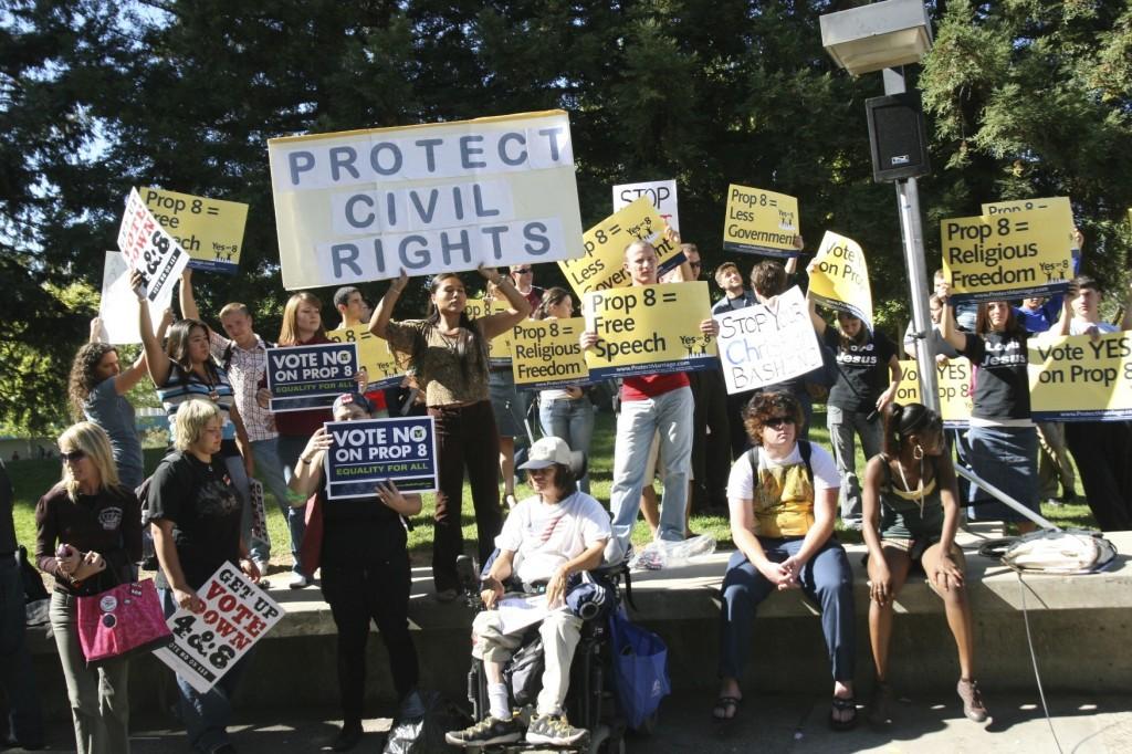 Protestors for and against Prop. 8 rally their supporters at ARC on Oct. 7, 2008. (Photo by Josh Clemens)