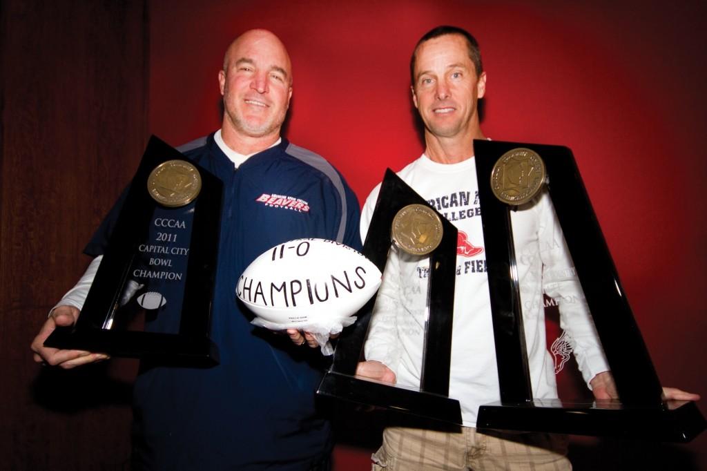 Head football coach Jerry Haflich and cross-country coach Rick Anderson. (Photo by Stephanie Lee)