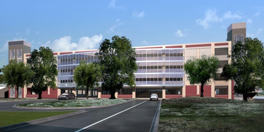 An artists rendering of the view from College Oak Drive of the upcoming five-story student parking garage between Davies Hall and Beaver Stadium that will be complete in 2013.