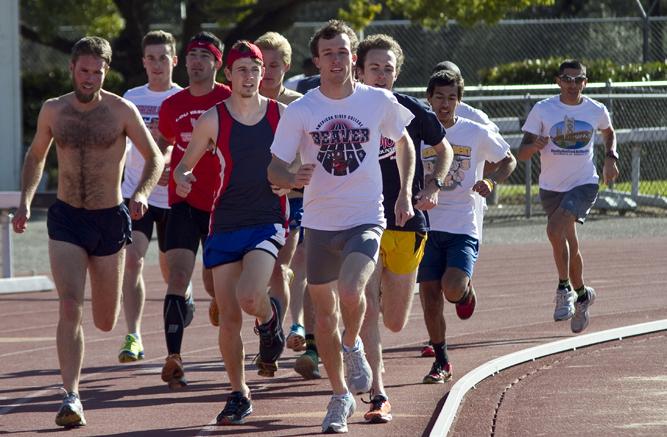 The American River College track and field team running at practice on Feb. 15. (Photo by Bryce Fraser)