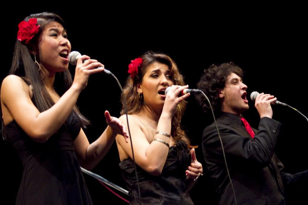 From left: Jessica Dacpano, Maryam Mirbagheri and Jonathan Blum of the advanced American River College Vocal Jazz Ensemble performing at a concert in the American River College campus theater on March 14. (Photo by Bryce Fraser)