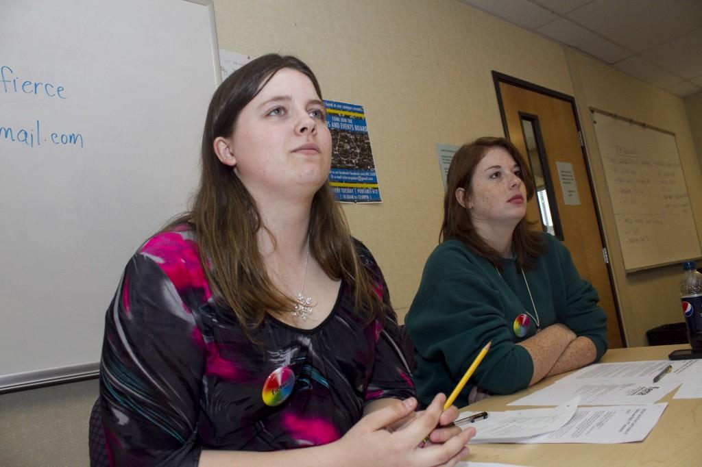 Kendra Pring, left, founder of American River Colleges Fierce, an organization for gay, lesbian, bisexual and transgender students, at a Fierce meeting on Feb. 27. (Photo by Bryce Fraser)