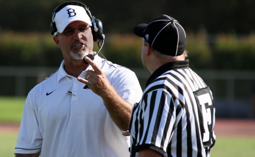 Jerry Haflich expresses his grievances to a referee at American River College during the losing game to San Francisco City College on Sept. 29. (Photo by Bryce Fraser)