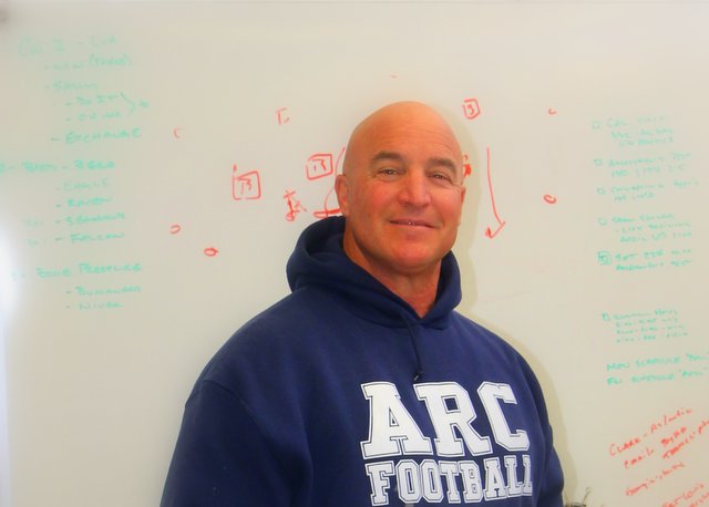 (Sacramento) Head football coach Jerry Haflich in his office where planning is going on for the 2013 beavers season.