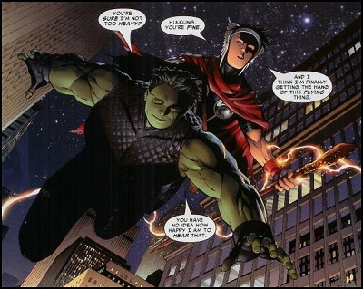 Hulkling (left) and Wiccan (top-right) of Young Avengers, a gay teen couple of Marvel comics