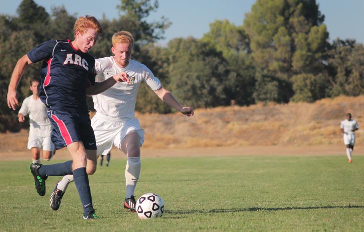 ARC Mens Soccer player Ryan Campbell, maintains control of the ball in a game against Feather River College on Tuesday, Sept. 10. (Photo by Emily K. Rabasto)