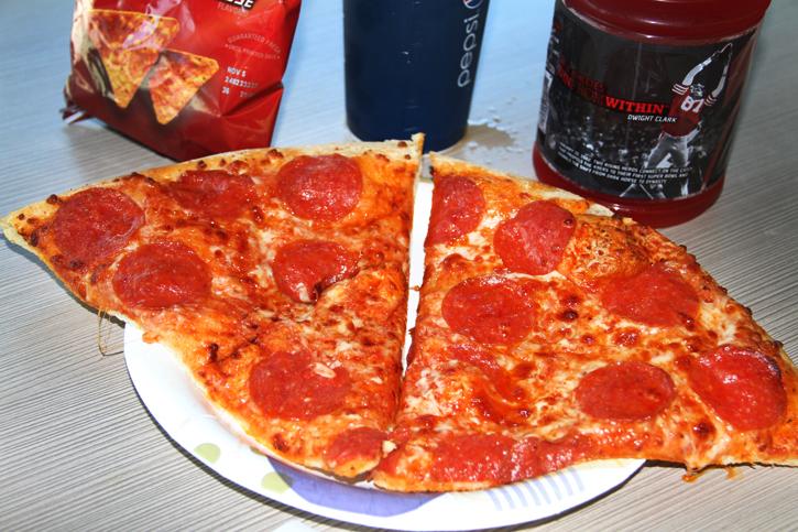 Two slices of pepperoni pizza, a medium soda, a bag of Doritos and a Gatorade are available for purchase in the food vending section located in the student center. (Photo by Brandon Nelson)