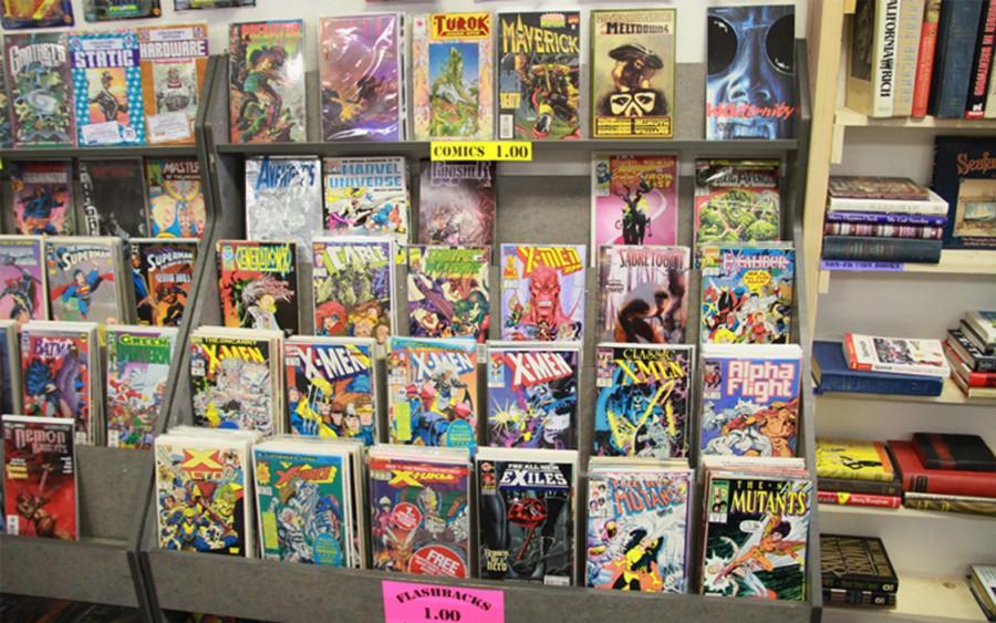 A comic book stand displaying various comics throughout the 90s can be located in the back right corner of the store.
