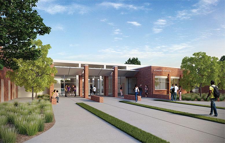 The addition and remodeling of Student Services will provide greater space for financial aid and assessment services offices and labs. (Rendering courtesy of HMC Architects)