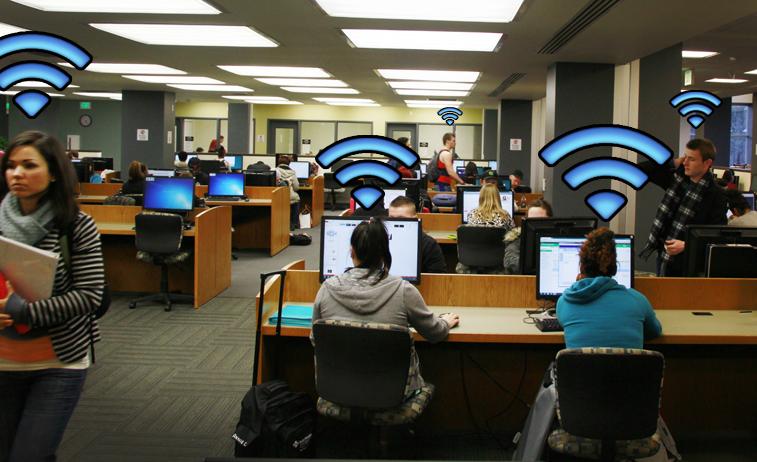 Students working hard in the library.