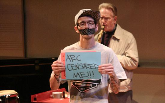 Mike “J.Terrible” DePiero is performing a silent act with tape over his mouth with “censored” written on it. DePiero was prevented from performing an original song that he wrote, so he performed his silent act in protest. (Photo by Michael Pacheco)