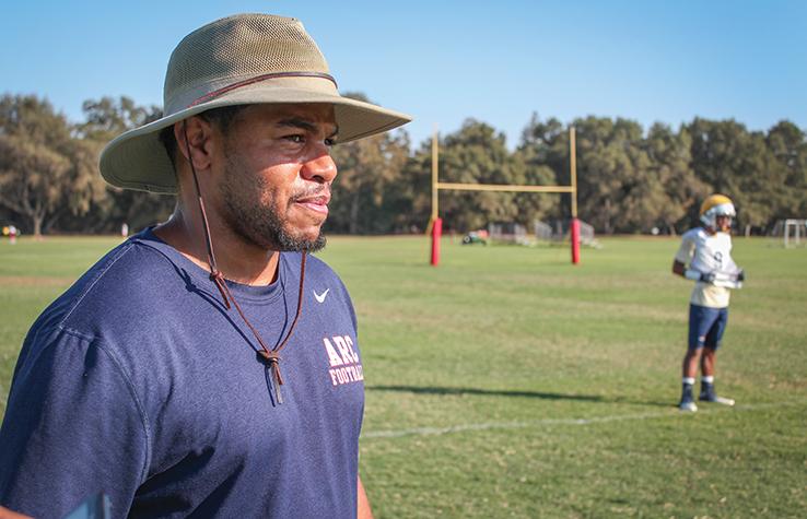 American River College football defensive back coach Chris Marshall used to play as a wide receiver and defensive back for ARC in 2001 and 2002. (Photo by Emily K. Rabasto)