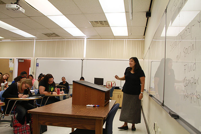 Professor Pamela Chao lectures her class on how we define ourselves and how society define us in her Soc 320 class.

