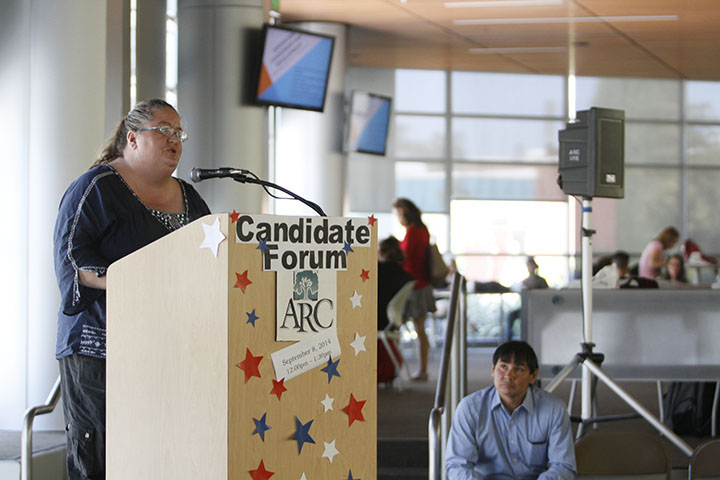 Tamara Dunning speaks during the Associated Student Body special election speeches as Jorge Riley looks on. Dunning won the Sept. 9 election by a margin of one vote. (Photo by Breana Herndon)