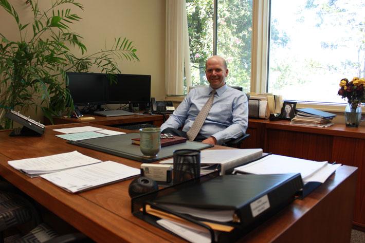 New American River College president Thomas Greene sits in his office the week before the fall 2014 semester starts. (Photo by Emily K. Rabasto)