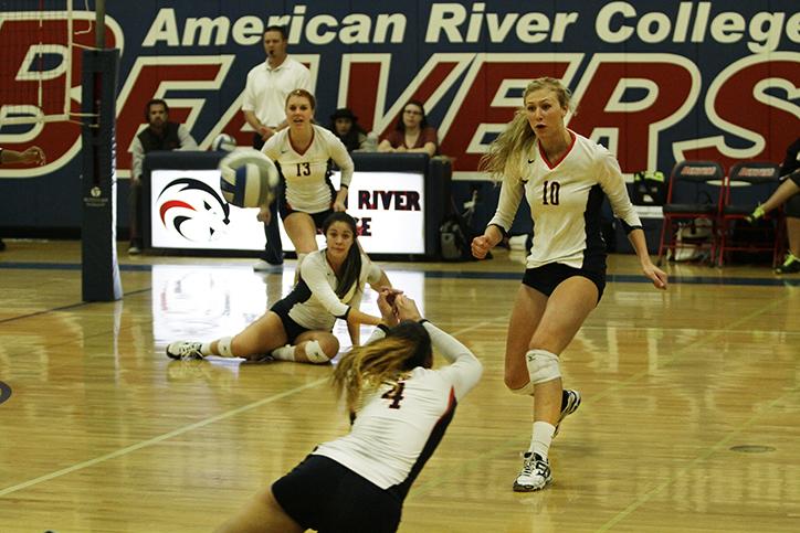 Erika Jones diving for the ball during the volleyball game against MJC Thursday.