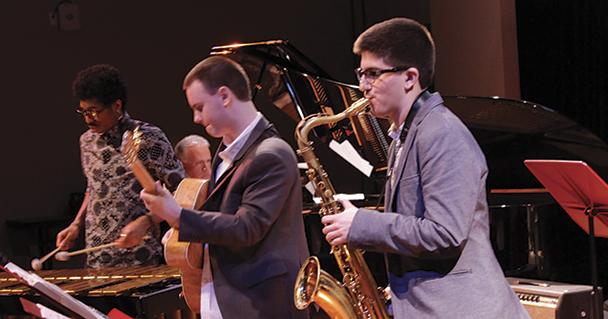 Playing on saxaphone Lucas Bere (right) is a member of the Brubeck Institute Jazz Quintet he is playing alongside guitarist Shawn Britt during the March 10th show.