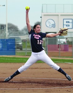 Albert pitching in her debut at Solano Community College. Albert is currently 15-12 with a 3.96 ERA in 28 appearances this season.