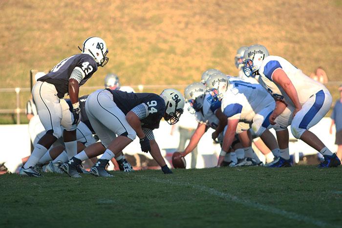 Linebacker+Lawrence+Hall%2C+left%2C+and+defensive+lineman+Caleb+Melton%2C+right%2C+line+up+against+Modesto+Junior+College+players+on+Sept.+6%2C+2014.+ARC+held+MJC+to+347+yards+in+the+last+meeting%2C+MJCs+second+lowest+total+of+the+season.+%28File+photo%29