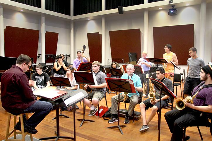 Professor Dyne Eifertsen, left, teaches MUP 323, Latin Jazz Ensamble. Students in his class learn a variety of different kinds of music such as Latin American and Afro-Cuban jazz. (Photo by Matthew Wilke)