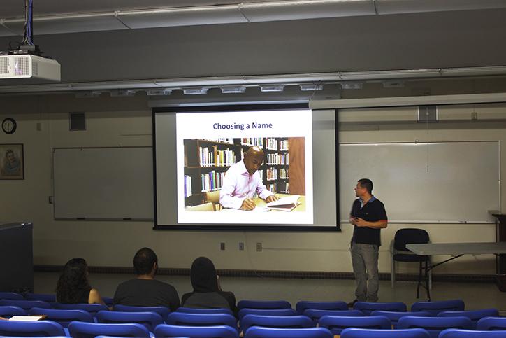 Mathematics and instructional technology professor Phil Smith hosts a college hour Thursday on the process of changing a persons name in California. (Photo by Ashley Nanfria)