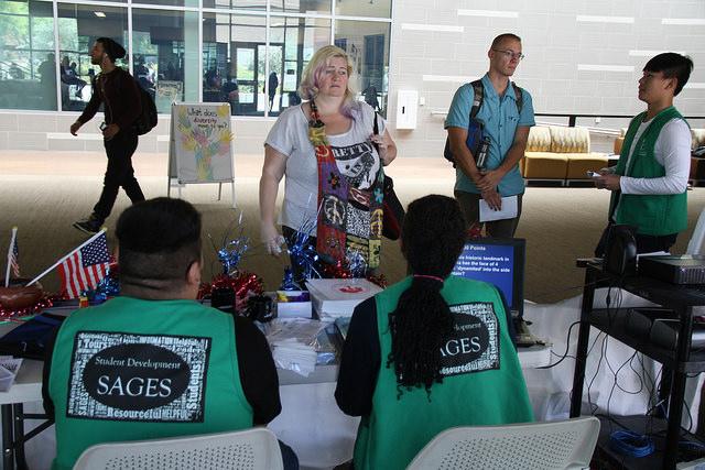 American River College student Carla West thinks of the answer to a question based on The Constitution at ARC’s Constitution Day event in the student center on Sep. 17. (Photo by Jose Garcia)