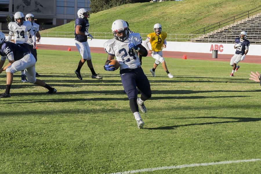 American River College defensive back Dmitri Scott runs into the end zone during practice on Aug. 28, 2015. ARC(0-1) will play host to De Anza College(0-1) on Saturday, Sept.12, 2015. (Photo by Joe Padilla)