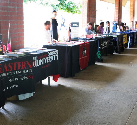 Colleges line up in ARC hallway for students to get information. Students talk to these colleges about information to transfer to their schools at Welcome Day. on Sept. 24 (photo by Ashley Nanfria)