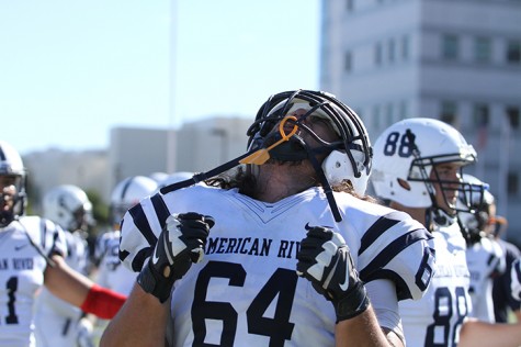 American River College offensive lineman Vaipou Garrigan Afamasaga screams in celebration after ARC football’s 20-17 win over powerhouse City College of San Francisco on Sept. 26, 2015. ARC won after a 25-yard field goal during the last play of the game. (Photo by Barbara Harvey)