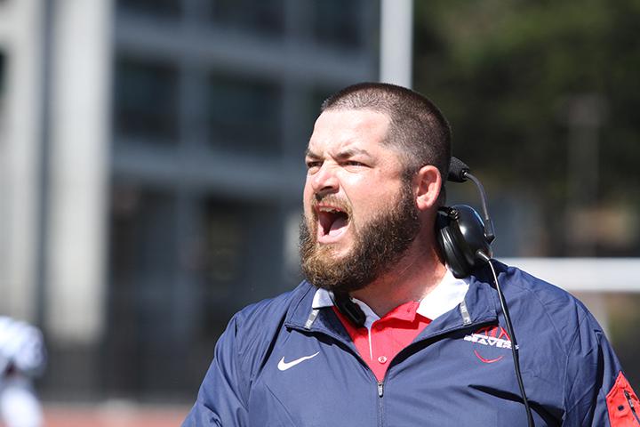 American River College head coach Jon Osterhout argues with the referees during ARC’s 20-17 defeat of City College of San Francisco on Sept. 26, 2015. ARC is ranked no.1 in NorCal after the 20-17 win. (Photo by Barbara Harvey)