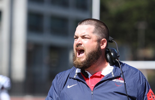 American River College head coach Jon Osterhout argues with the referees during ARC’s 20-17 defeat of City College of San Francisco on Sept. 26, 2015. ARC gained 165 yards on penalties committed by CCSF. (Photo by Barbara Harvey)