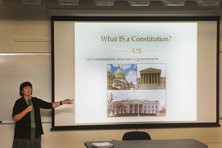 Political Science professor Cynthia Unmack speaking at college hour. Unmack was lecturing students on the difference and similarities between the U.S. Constitution and the California Constitution on Sept. 17. (Photo by Emily Thompson)