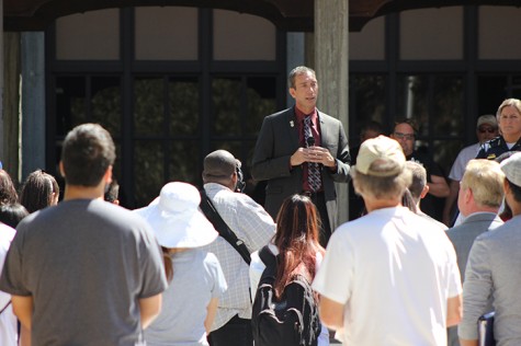 Los Rios Chancellor Brian King addresses a crowd of Sacramento City College students, faculty and staff the day after a fatal shooting on the campus that left 25-year-old student Roman Gonzalez dead and two others injured. King called the shooting a "nightmare." (Photo by Barbara Harvey)