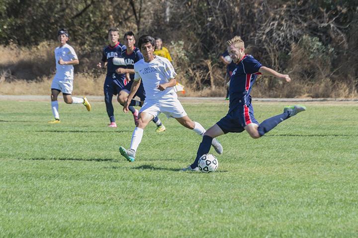 American River College defenseman Andrew Amos prepares to kick the ball down field against Delta College at ARC on Oct. 2, 2015. Both teams played to a 0-0 tie. (photo by Joe Padilla)