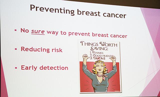 A slide describing some of the ways to prevent breast cancer at the Breast Cancer Awareness College Hour on Oct 1. The College Hour covered many topics about the importance of breast cancer dectection and prevention. (Photo by Matthew Nobert)