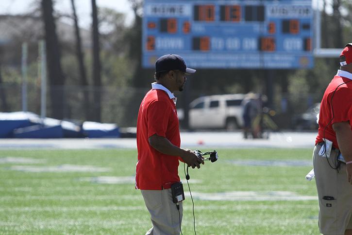 Coach Wheeler walks onto the field during a time out during American River Colleges 42-10 loss to College of San Mateo on Saturday, Oct. 3, 2015. (Photo by Barbara Harvey)