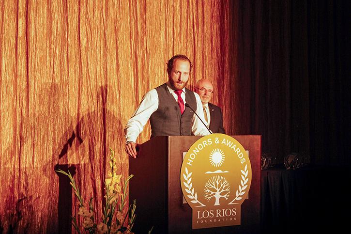Former Oakland Athletics player and American River College alumnus Dallas Braden speaks to attendees of the Los Rios Foundation Honors and Awards Gala at the Sheraton Grand Hotel in Sacramento on Friday. Braden was one of four alumni honored by the foundation at the gala. (Photo by John Ferrannini)