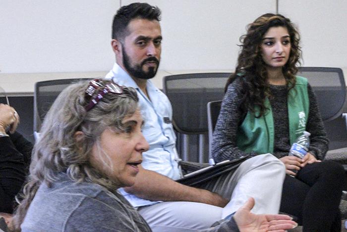 Sen. Laurie Jones, left, speaks during the Brave Space Dialogue regarding campus violence in the community rooms Wednesday as Dean of Student Development Manuel Perez and ARC student Nilo Nabavian look on. (Photo by Joseph Daniels)