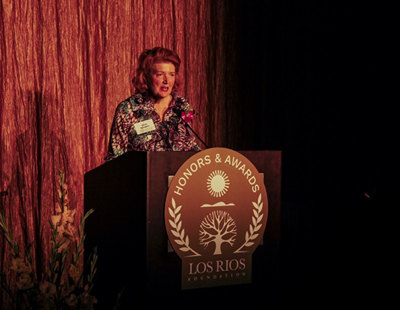 Carol Spurgeon, a donor to the Los Rios Foundation honored by Sacramento City College, speaks to attendees of the Los Rios Foundation Honors and Awards Gala on Friday. The gala commemorated the 50th anniversary of the founding of the Los Rios Community College District. (Photo by John Ferrannini)