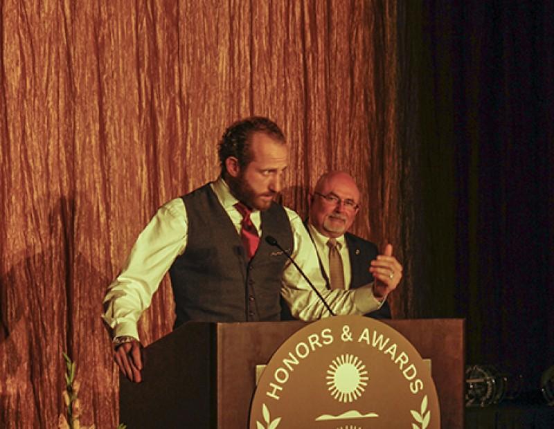 Dallas Braden, a former player for the Oakland Athletics and an American River College alumnus, speaks to attendees of the Los Rios Foundation Honors and Awards Gala. The gala was held at the Sheraton Grand Hotel in downtown Sacramento. (Photo by John Ferrannini)